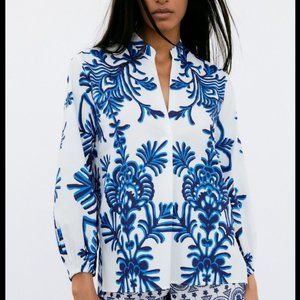 ZARA Printed Bohemian Blouse Tunic Top size M V-neck Cotton